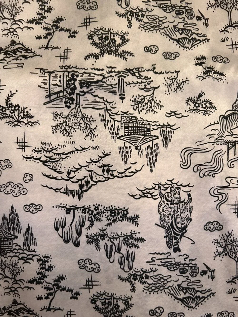 Vintage Toile Asian Scenes Satin Black & White Fabric LONG PIECE 44 x 275 inch